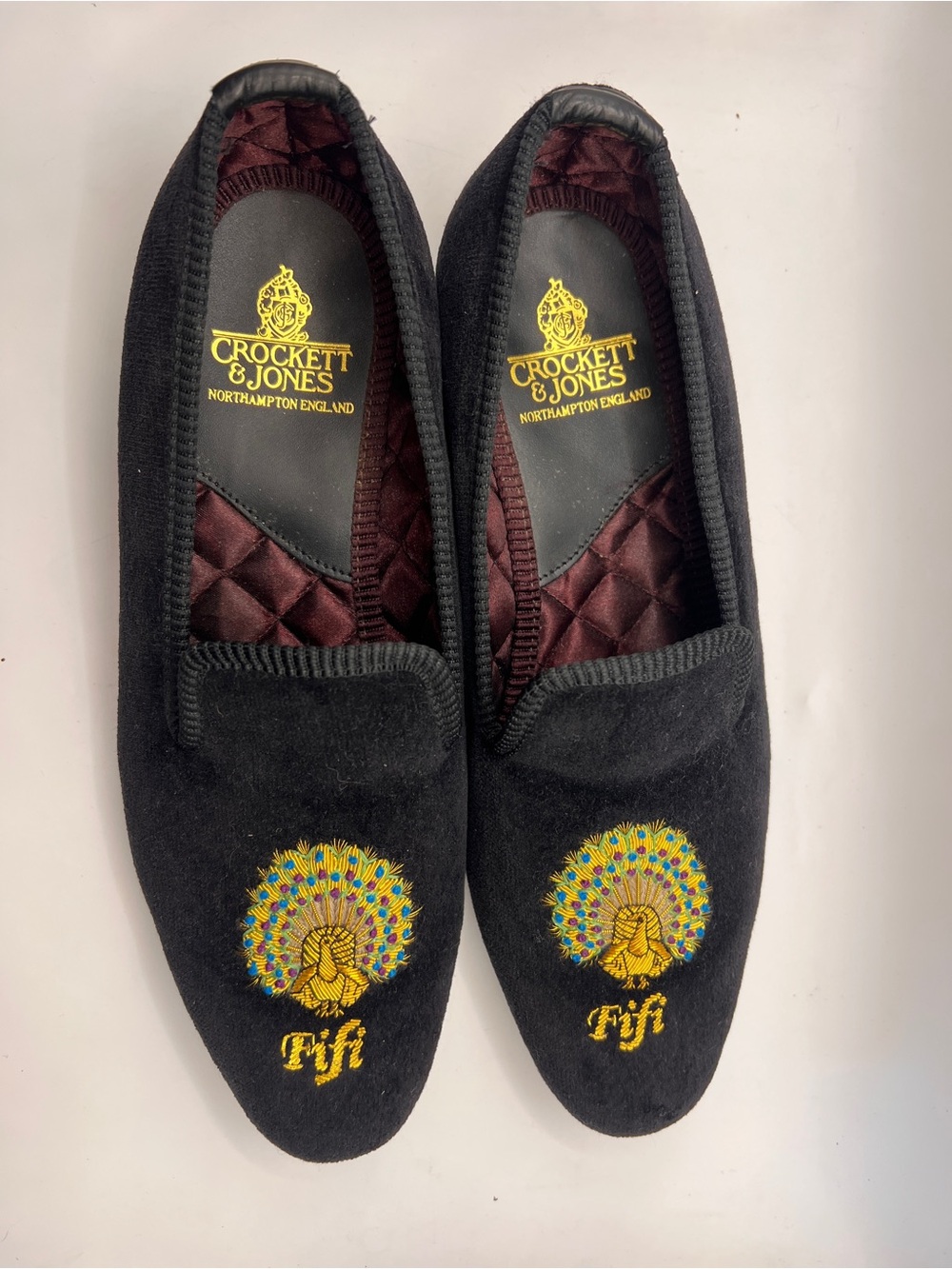 Crockett & Jones Women’s Black Velvet Embroidered Peacock Slippers
